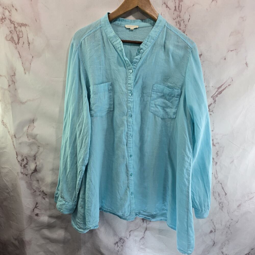 Eileen Fisher Shirt Womens XL Linen Blue Striped Button Up Long Sleeve Mandarin